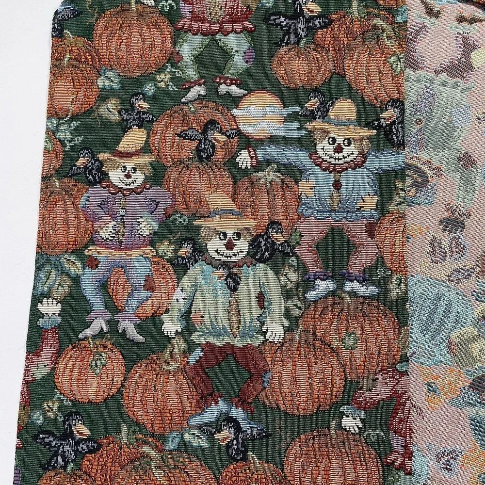 Vintage Autumn Table Runner Fall Decor Pumpkin Scarecrow Brown Tassels 71 Inch